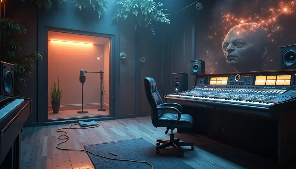 Un studio d'enregistrement onirique avec des ondes sonores lumineuses flottantes, une console de mixage avancée et une ambiance cosmique inspirante.