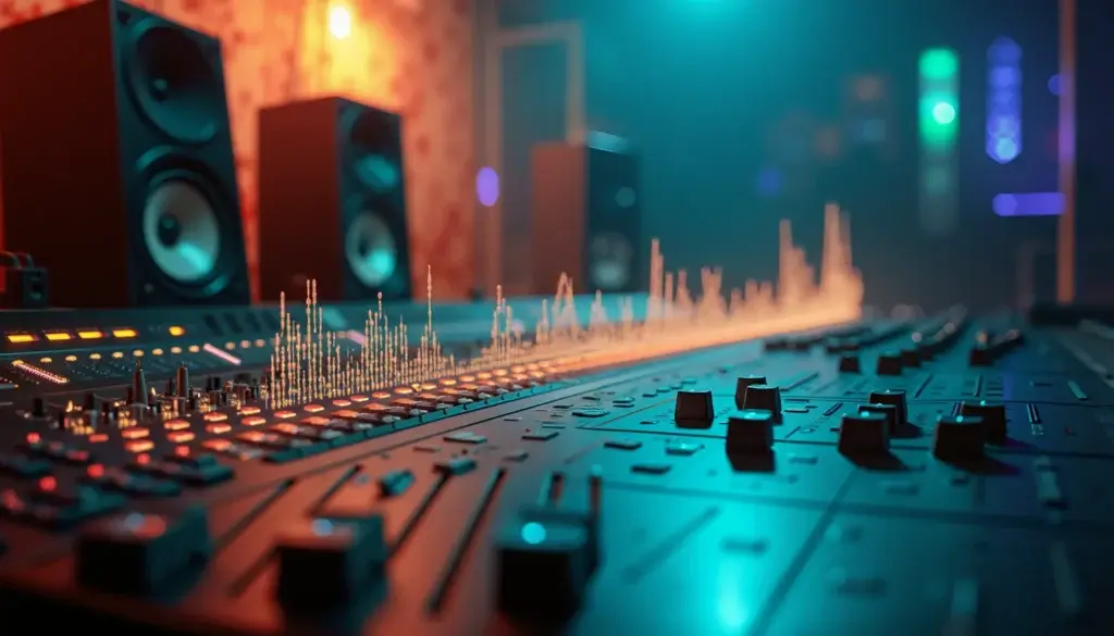 Un gros plan sur une console de mixage high-tech, entourée d'ondes sonores lumineuses et d'un éclairage volumétrique immersif.