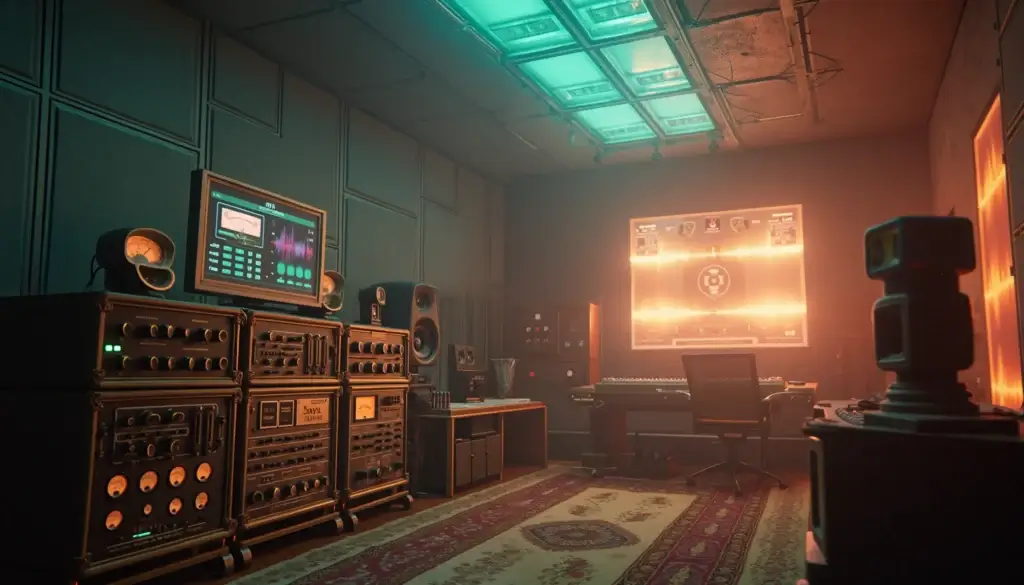 Un studio de mastering professionnel avec des équipements analogiques et une analyse spectrale lumineuse flottant dans l'air.