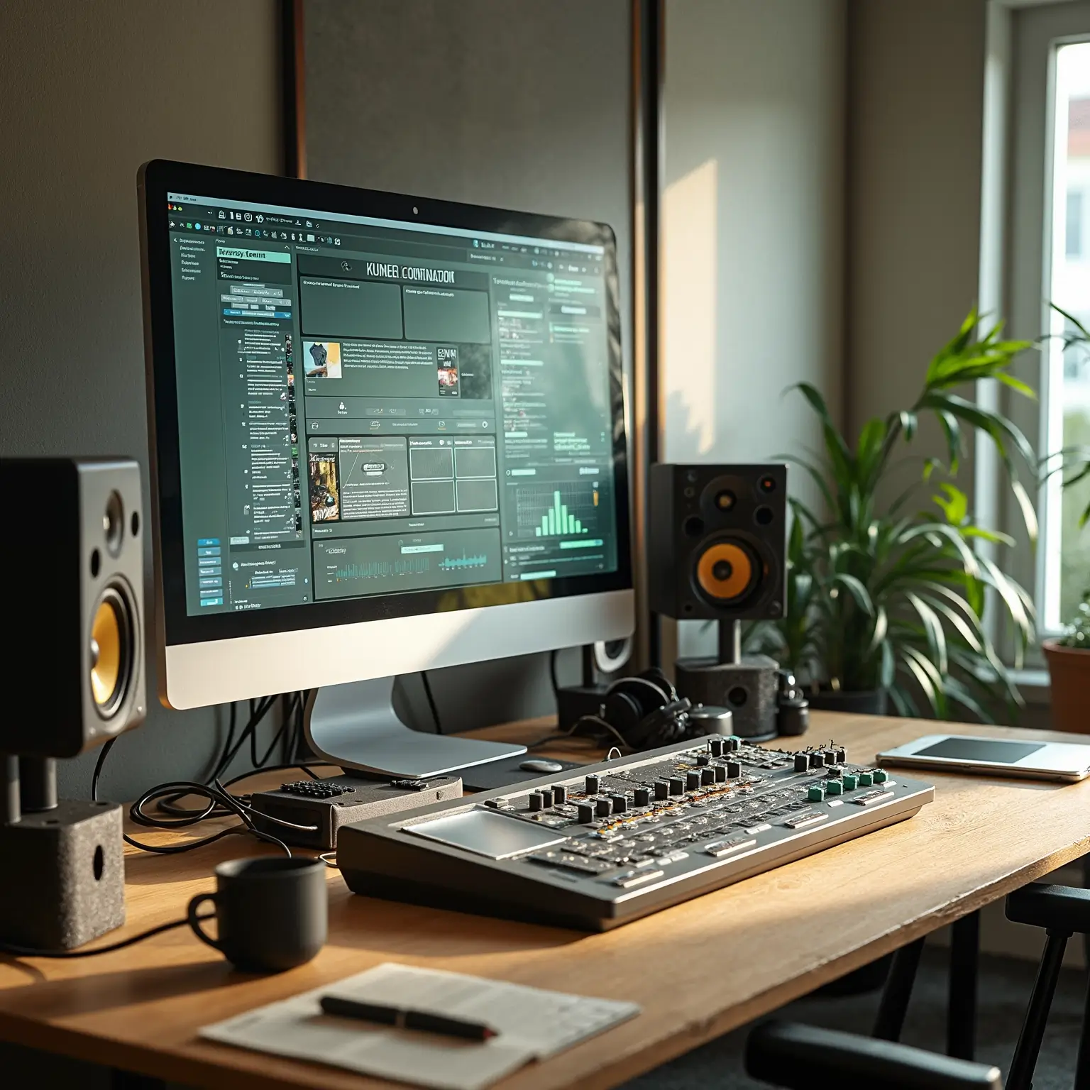 Espace de production musicale avec synthétiseur, enceintes de monitoring et station de travail optimisée.