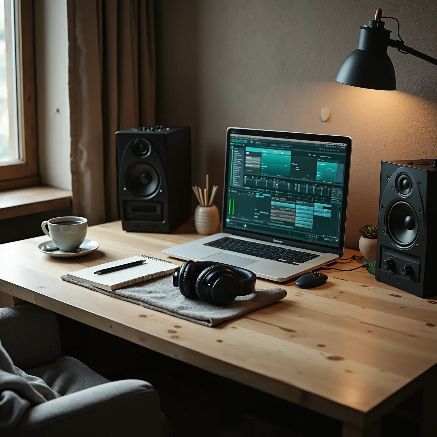 Bureau de home studio avec ordinateur portable, enceintes de monitoring, casque et carnet de prise de notes.