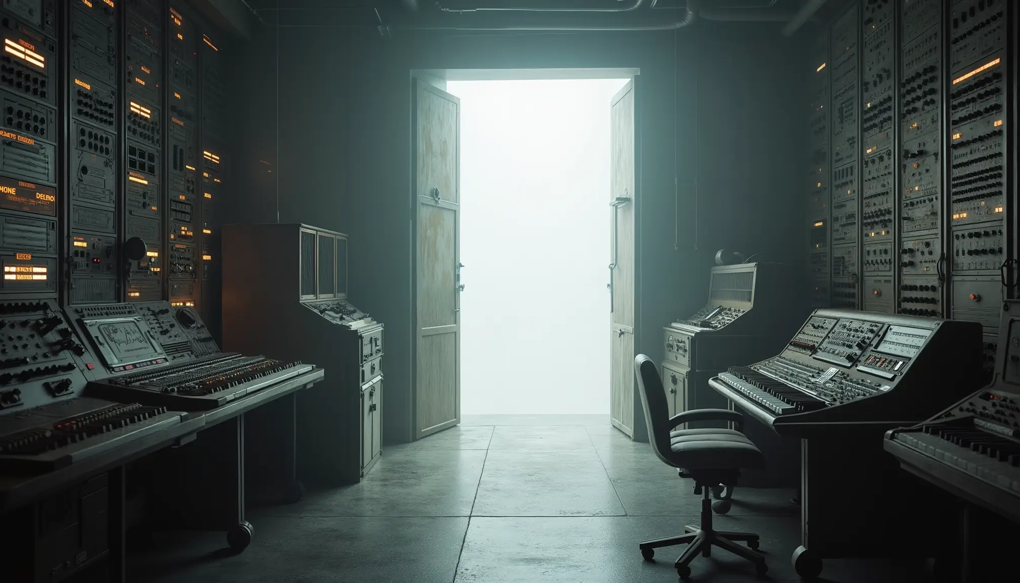 Grand studio de sound design professionnel avec une porte entrouverte menant à une salle vide baignée de brume.