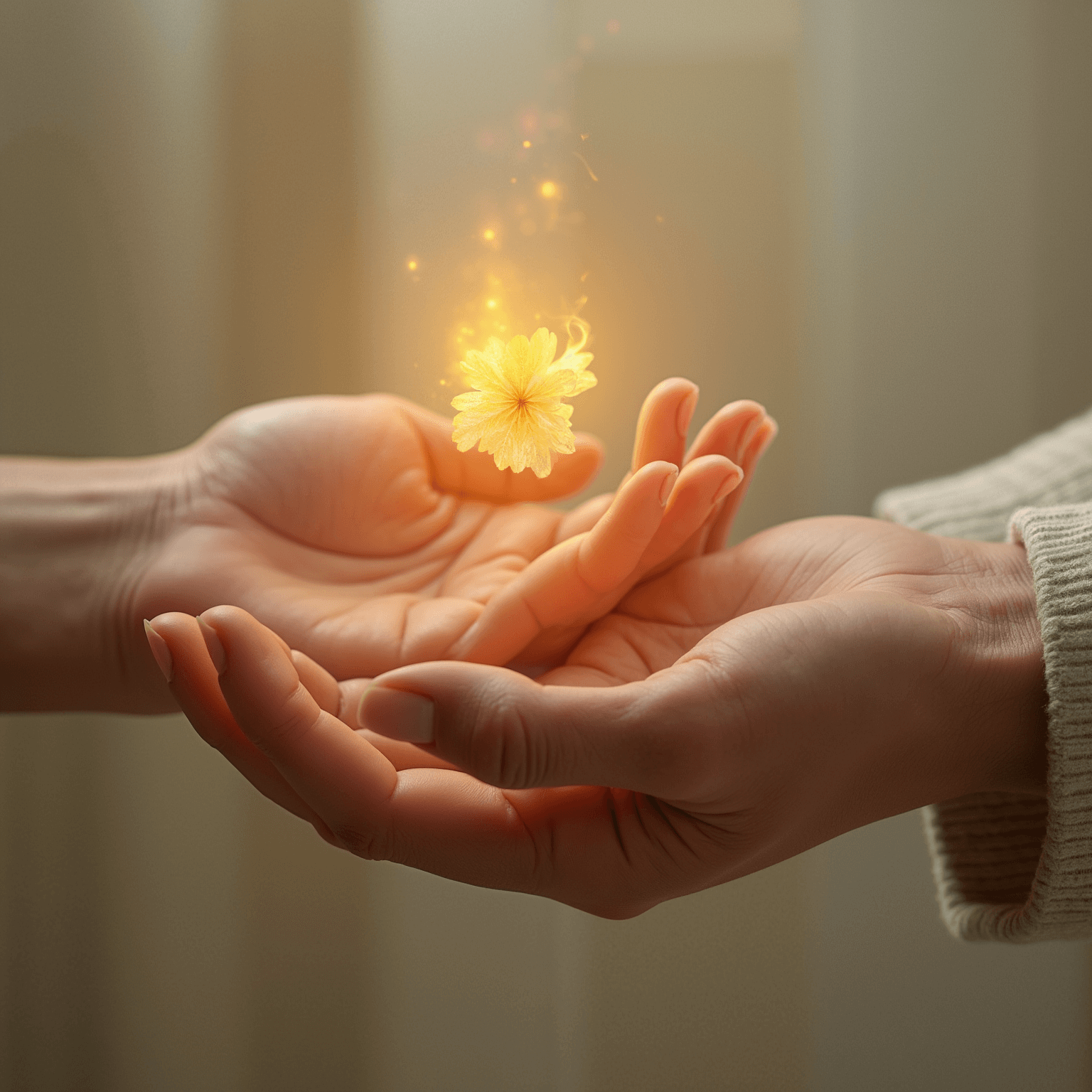 Deux mains réalistes échangent un fragment lumineux, dans une lumière naturelle douce.