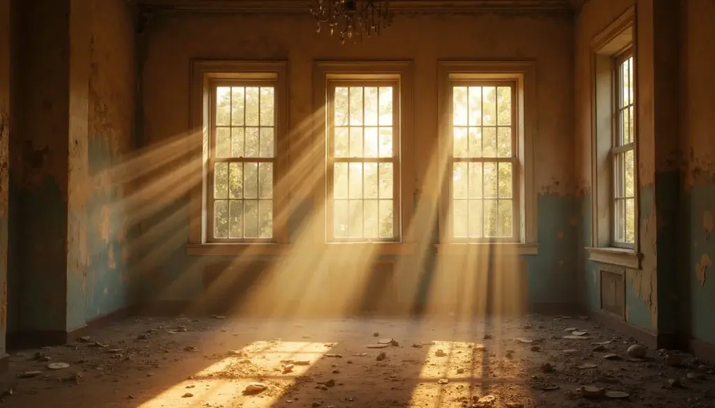 Pièce abandonnée cinématographique illuminée par le soleil avec des vagues sonores subtiles suspendues dans l'air.