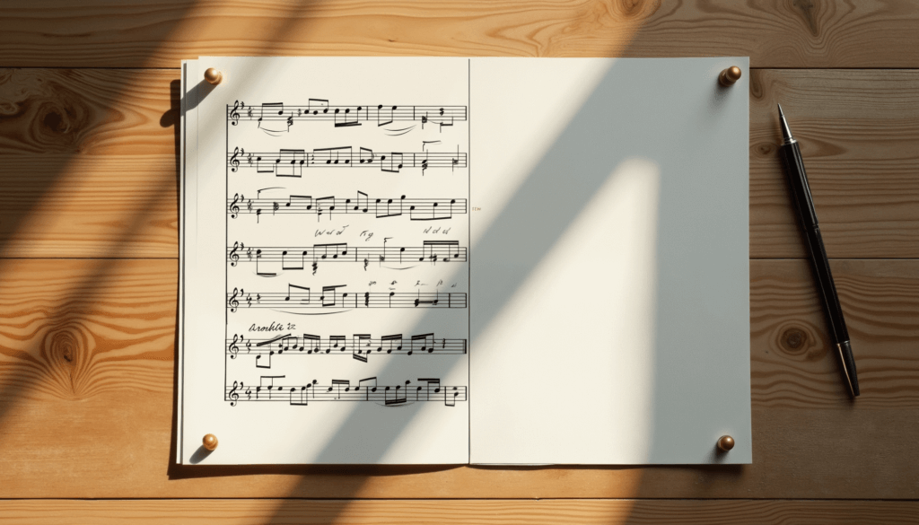 Partition musicale réaliste, moitié écrite en encre fine, moitié vierge, posée sur une table en bois clair.