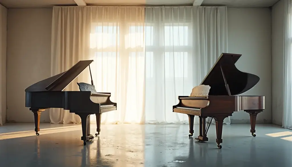Deux pianos opposés dans une salle minimaliste séparée par un rideau fin : un ancien et usé, l’autre neuf et froid.