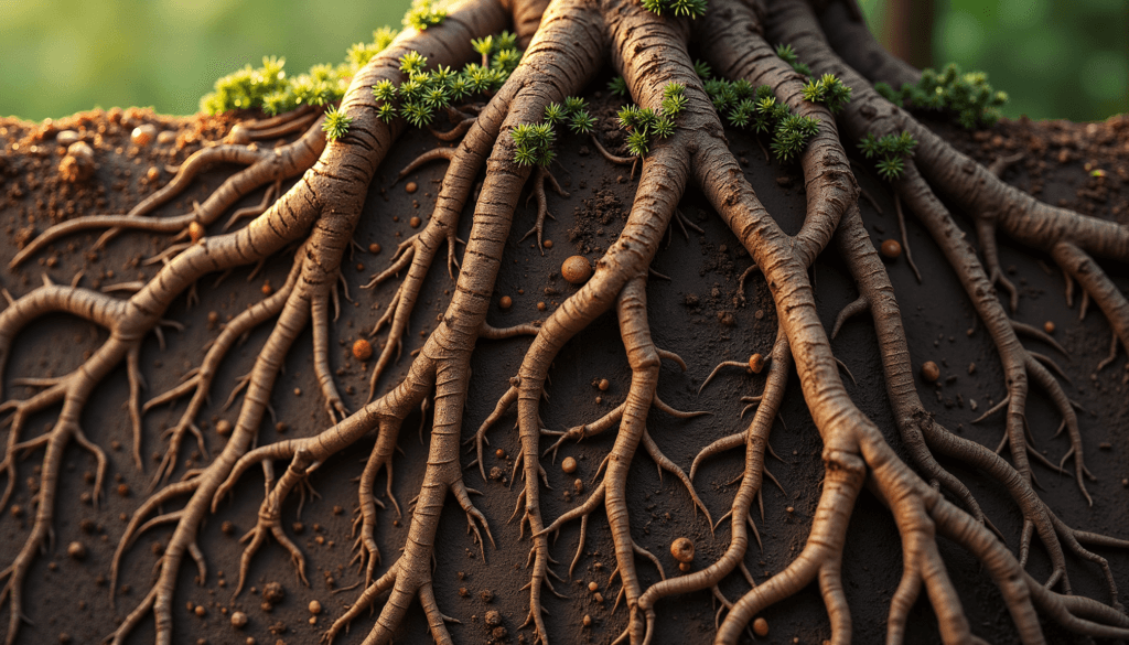 Réseau réaliste de racines vivantes entremêlées dans une terre riche, sous une lumière naturelle douce.