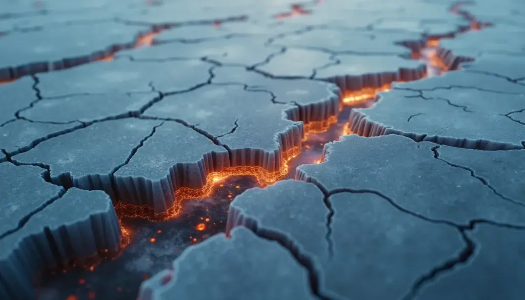 Surface glacée craquelée laissant entrevoir des flux lumineux organiques en mouvement sous la glace.