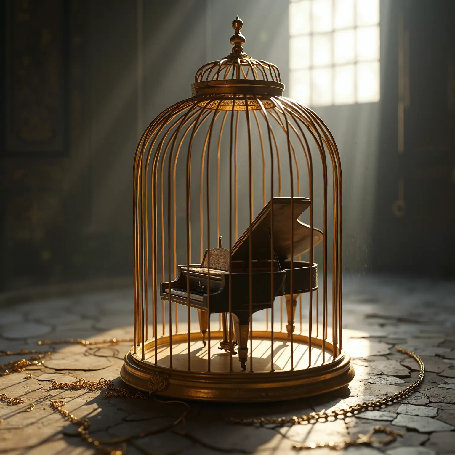 Instrument de musique enfermé dans une cage dorée ouverte, chaînes brisées au sol, lumière naturelle.