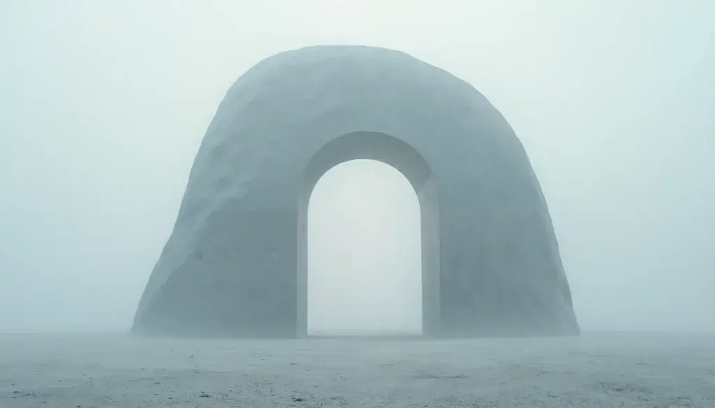 Arc de pierre solitaire dans une plaine de brume infinie, traversé par de subtiles vagues sonores flottantes.