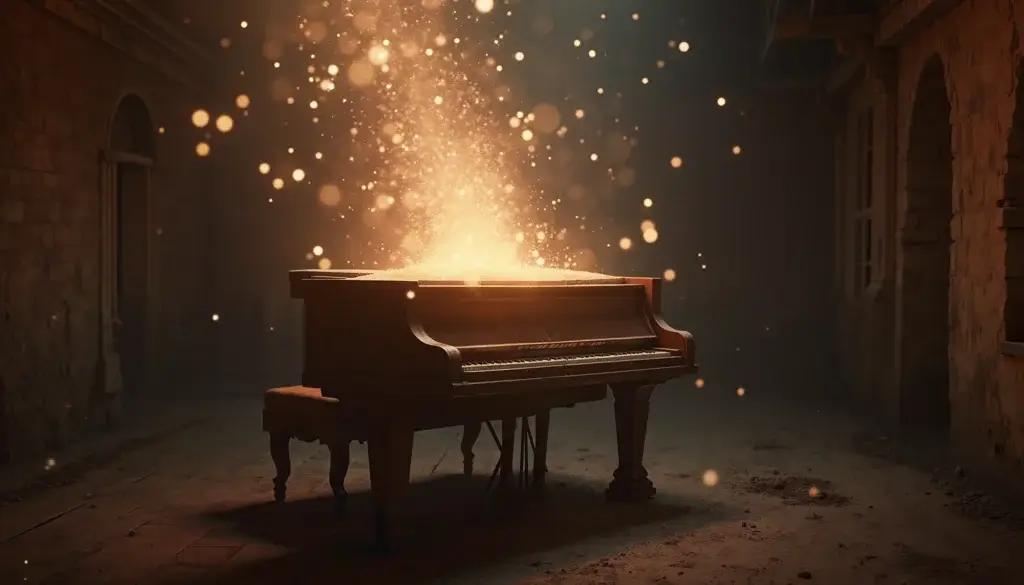 Vieux piano abîmé libérant des éclats lumineux imparfaits dans une pièce sombre.