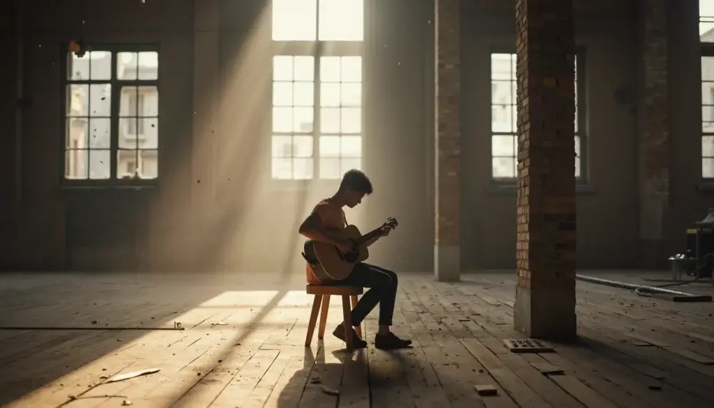 Musicien solitaire jouant librement dans un loft vide baigné de lumière naturelle.