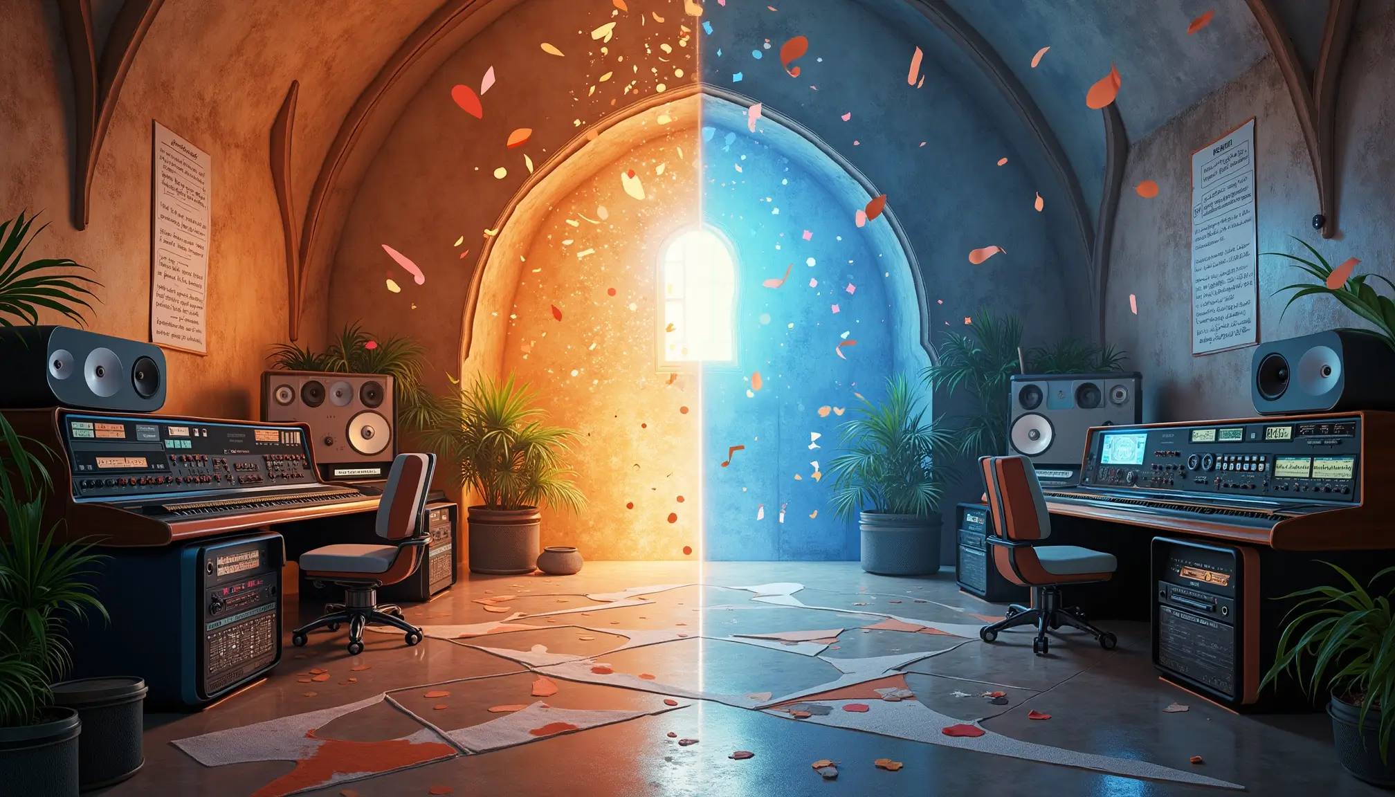 Image d’un studio divisé en deux moitiés : un espace de création vivant à gauche et une salle de mastering sobre à droite, séparés par une barrière lumineuse.