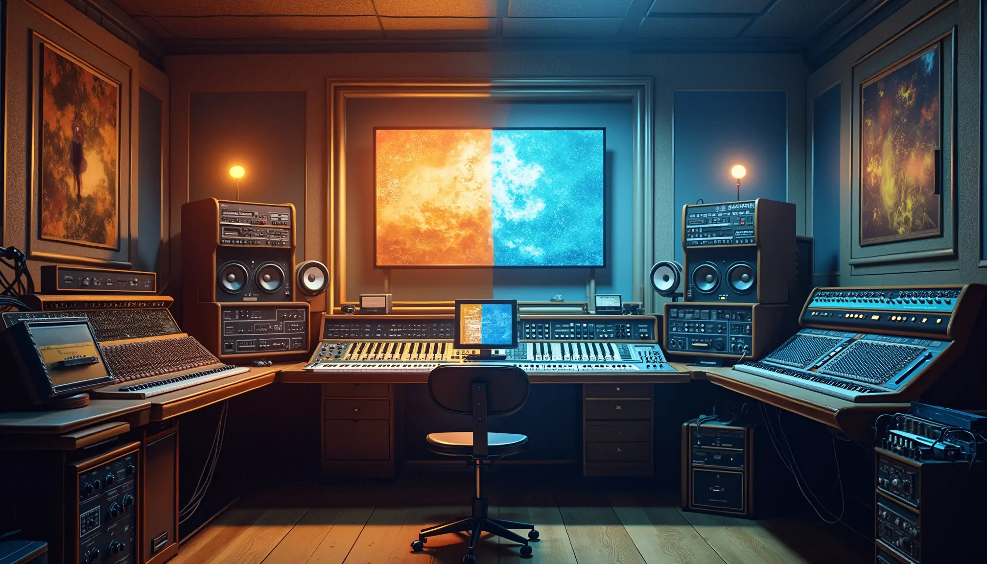 Studio partagé en deux : d’un côté l’univers analogique, de l’autre le numérique, dans une composition symétrique.