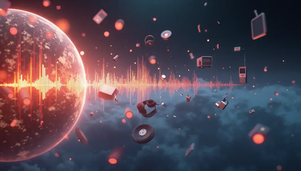 Représentation métaphorique d’un son diffusé vers différents supports : casques, vinyles, smartphones, haut-parleurs, tous suspendus dans l’espace.