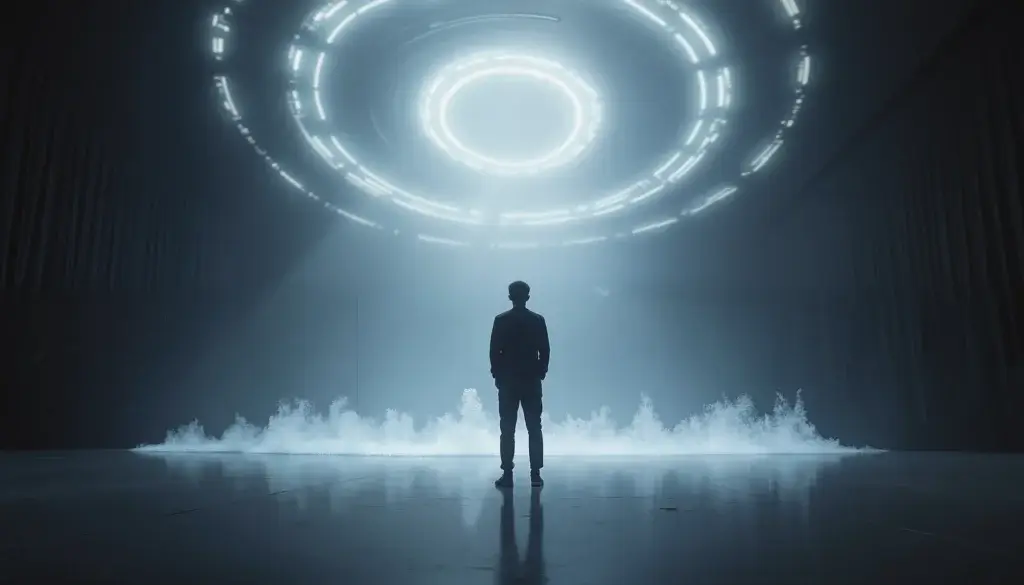 Ingénieur du son face à des vagues sonores flottant dans un studio immense, symbolisant la spatialisation audio.