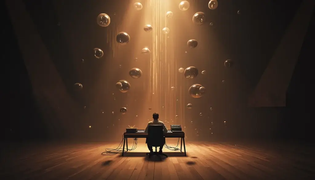 Un ingénieur du son, seul dans une grande pièce sombre et feutrée, manipule un fader entouré de sphères sonores flottantes.