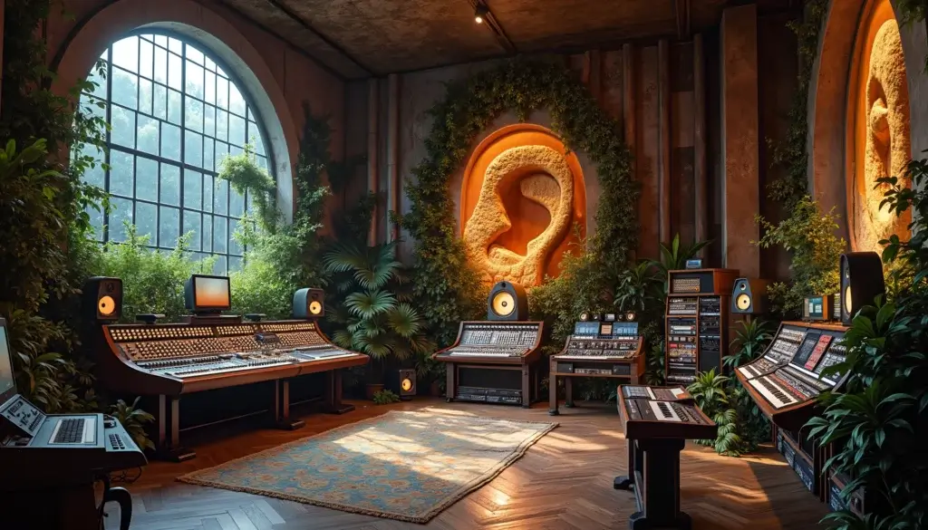 Studio moderne mêlant équipement analogique et outils numériques dans une même architecture immersive.