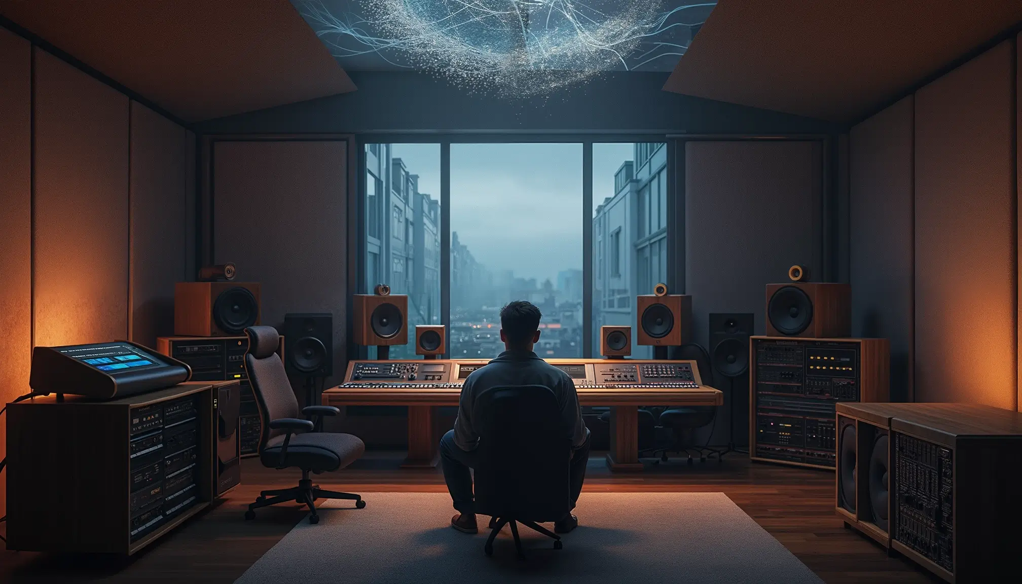 Ingénieur du son dans un studio high-end en train d’écouter profondément un mixage en cours.