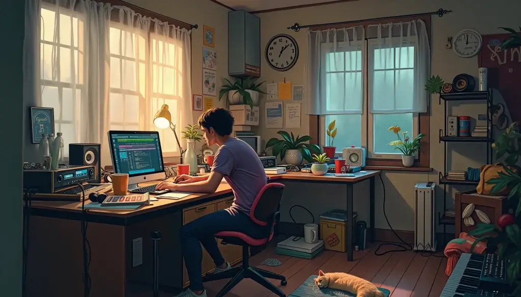 Bureau de home studio fusionné avec une cuisine, entre câbles, vaisselle et contrôleurs MIDI, ambiance de distraction permanente.