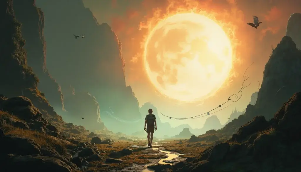 Personnage solitaire dans un paysage onirique où la musique flotte dans l’air