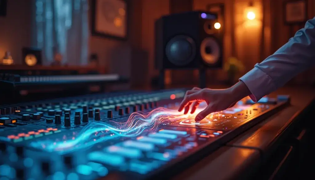 Studio de mixage professionnel stylisé comme une scène d’écriture abstraite.