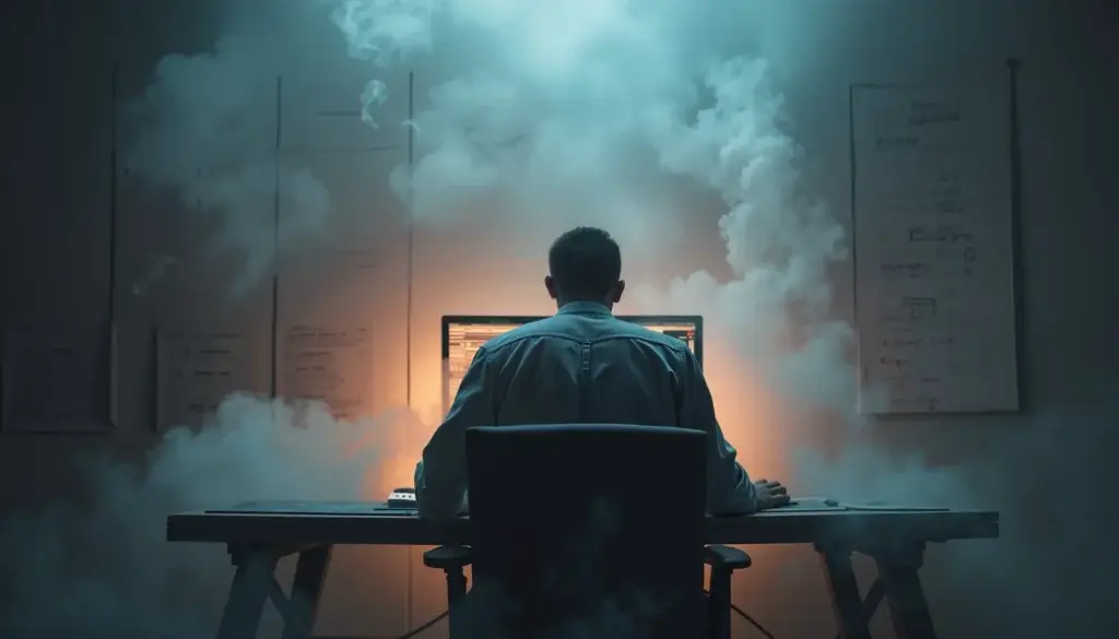 Producteur solitaire dans un studio minimaliste, figé devant une interface DAW entourée de pistes fantômes et prises vocales rejetées.