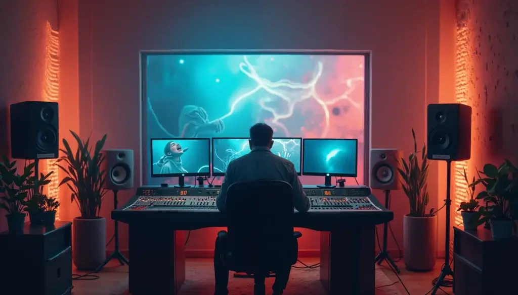 Ingénieur du son entre un artiste en cabine et un monde imaginaire façonné par le son.