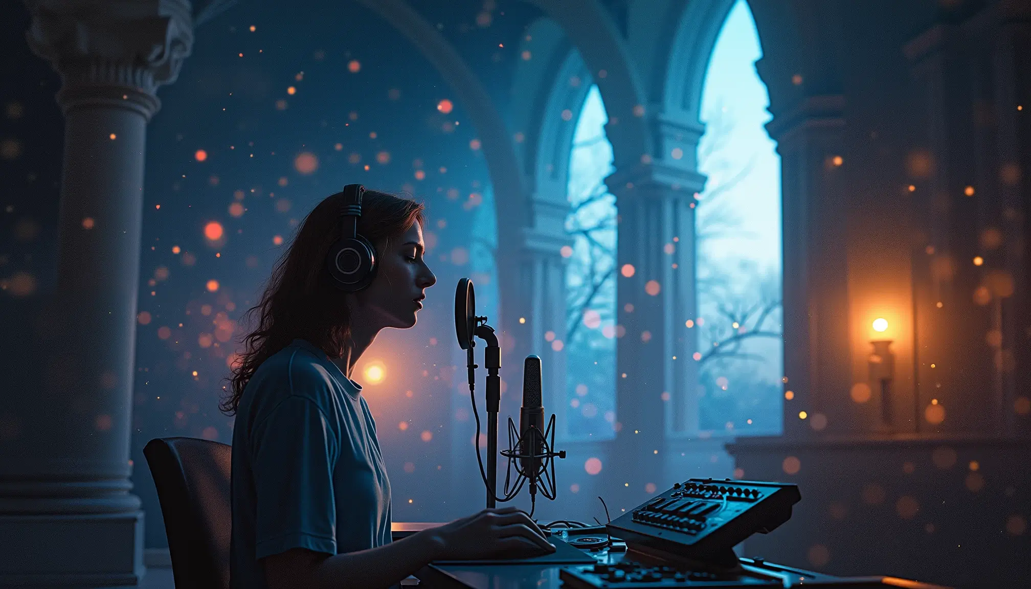 Chanteuse dans un home studio se fondant dans une cathédrale onirique représentant l’effet de réverbération.