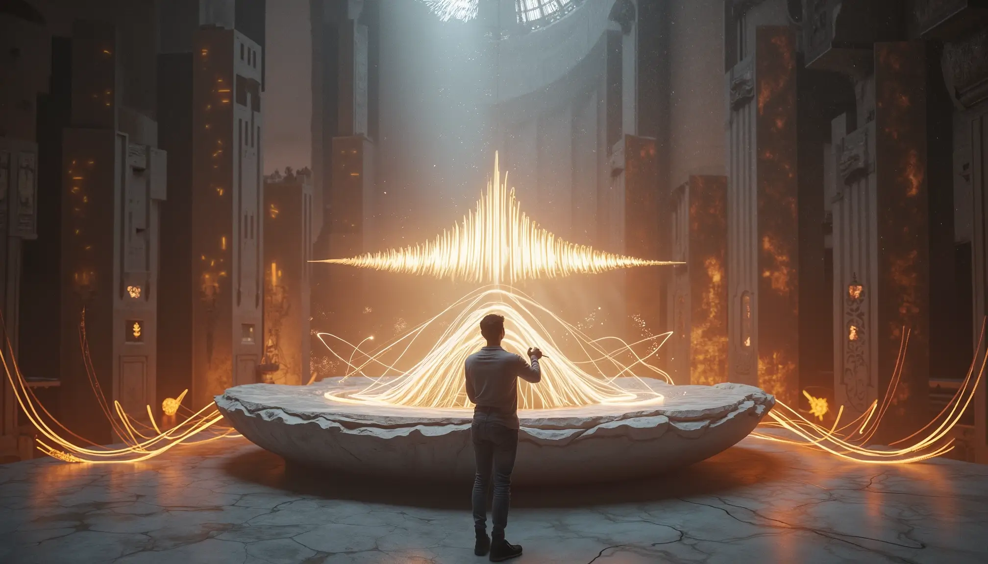 Un sculpteur sonore façonne une onde audio flottante composée de fréquences lumineuses dans un studio monumental.