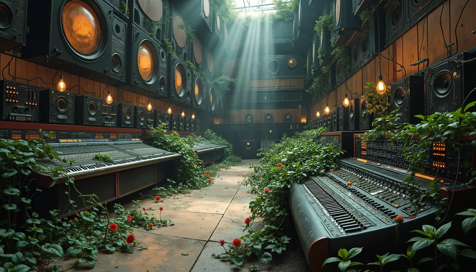 Immense studio d’enregistrement envahi par la végétation, symbolisant des contraintes qui stimulent la créativité.