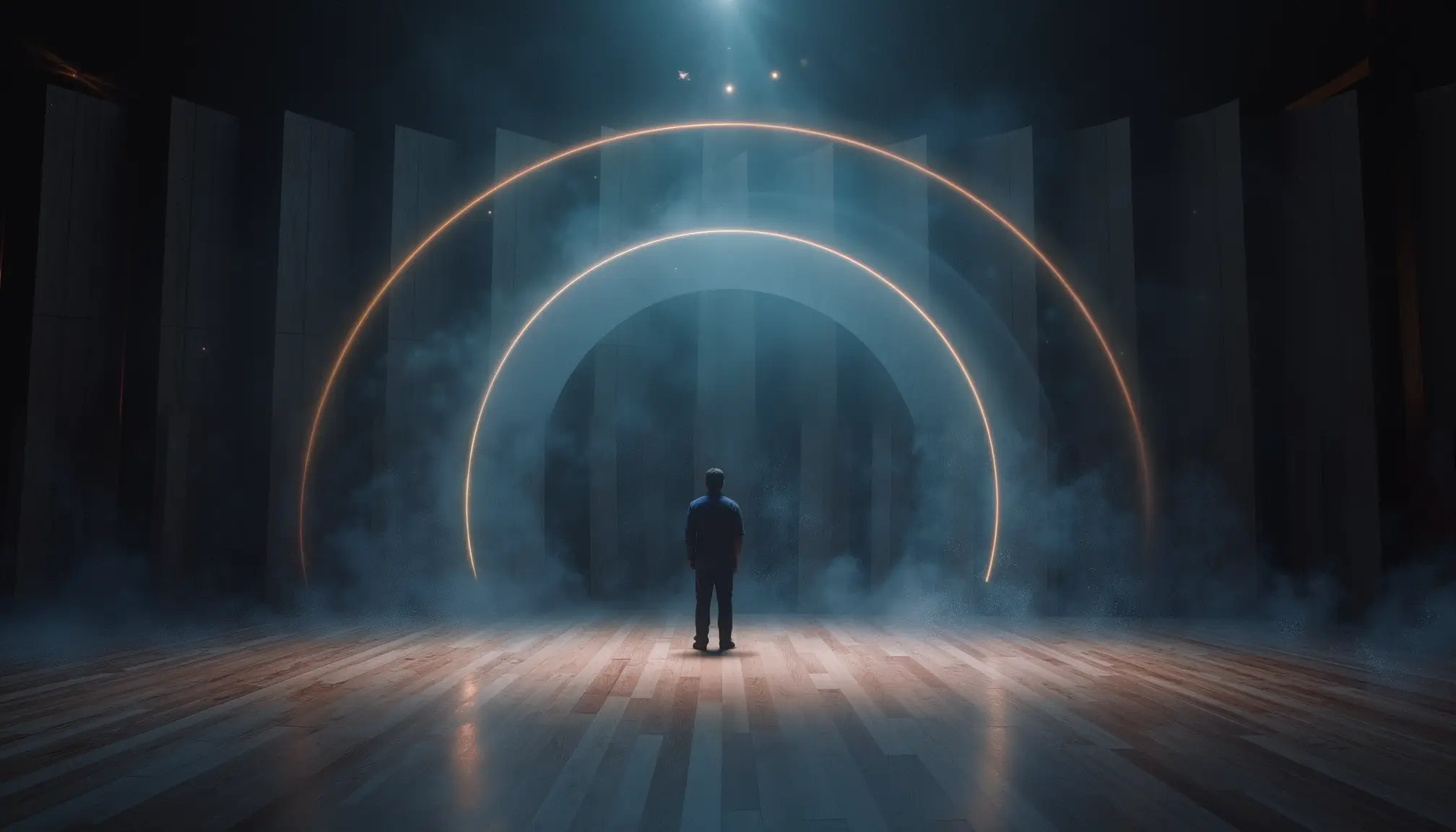 Grande salle obscure avec arcs lumineux flottants symbolisant des sources sonores autour de l’auditeur.