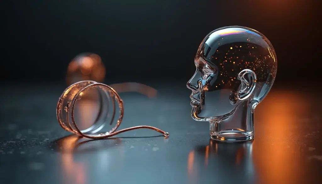 Sculpture en verre représentant une oreille, entourée d’anneaux lumineux et d’un arc de cuivre.