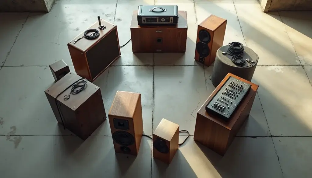 Disposition circulaire d’appareils audio restaurés sur un sol en béton poli, éclairés par une lumière diffuse.