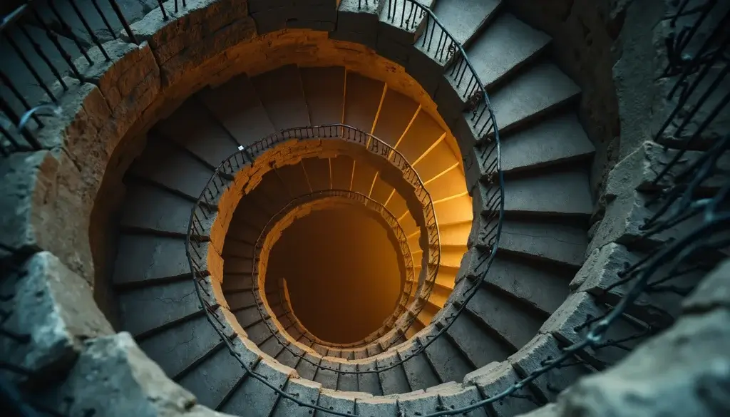 Escalier en pierre en spirale infinie vu d’en bas, baigné de lumière dorée.
