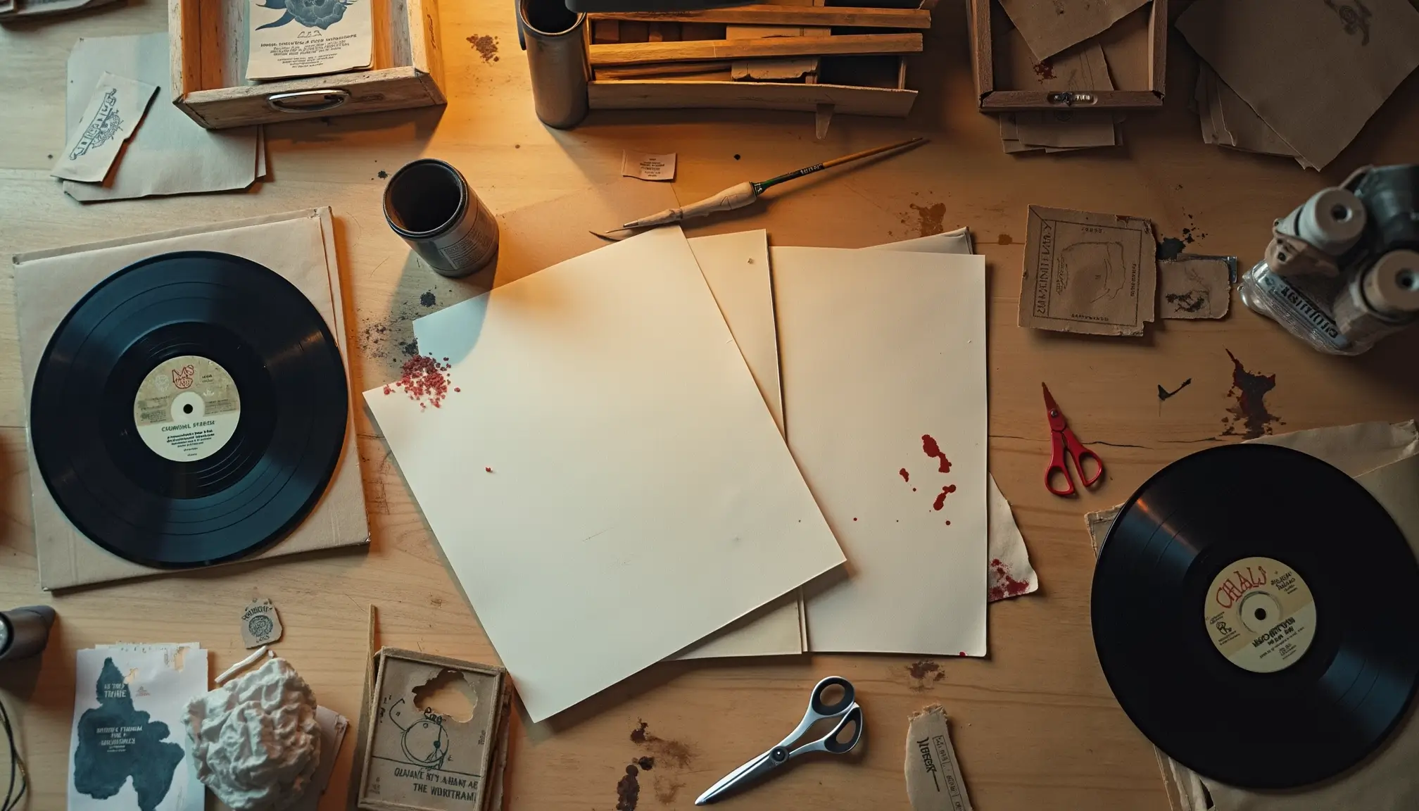 Table en bois avec disques vinyles vierges, ciseaux, cadres de sérigraphie et câbles audio enroulés.