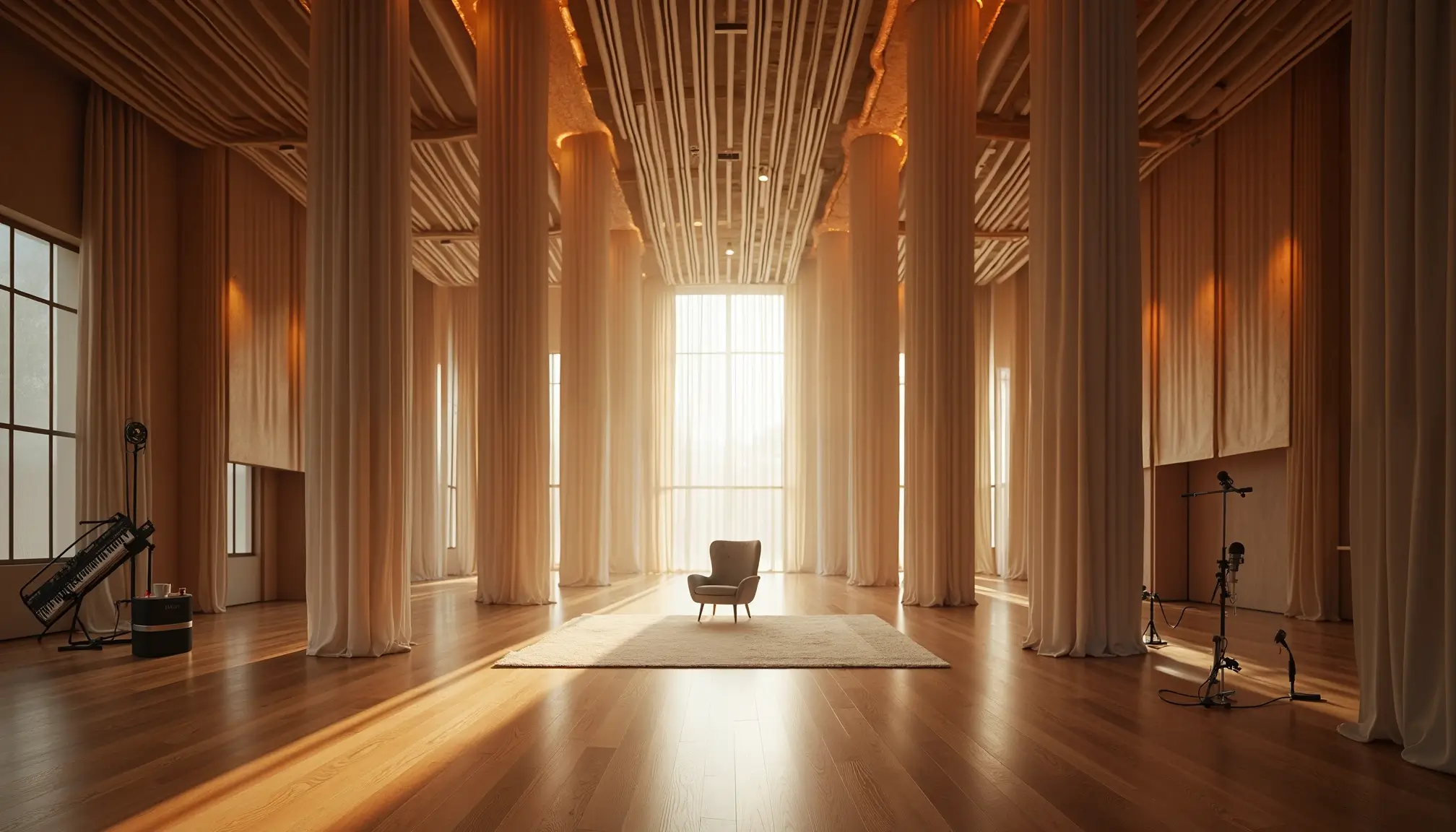 Grand studio d’enregistrement lumineux avec panneaux acoustiques suspendus évoquant un souffle.