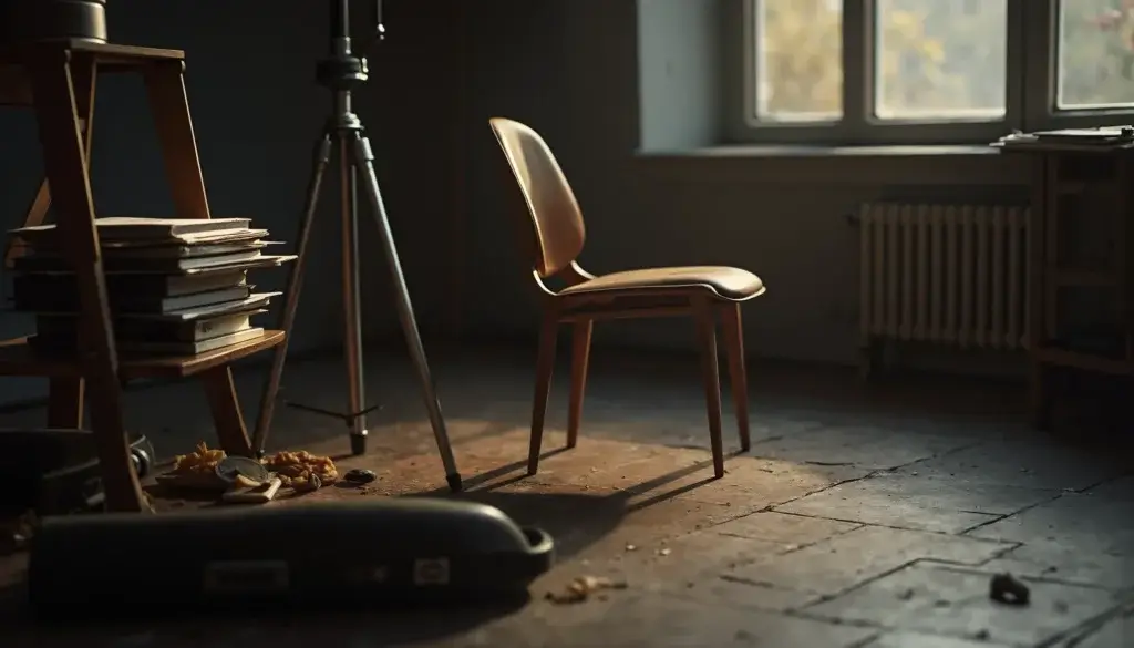 Chaise vide entre une console de studio et une pile de dossiers administratifs, avec guitare et trépied au sol.