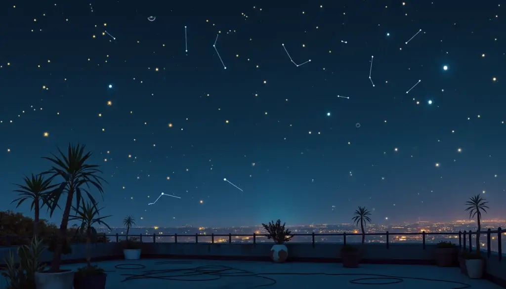 Ciel nocturne au-dessus d’un toit urbain avec des constellations lumineuses en forme d’instruments et d’outils musicaux.