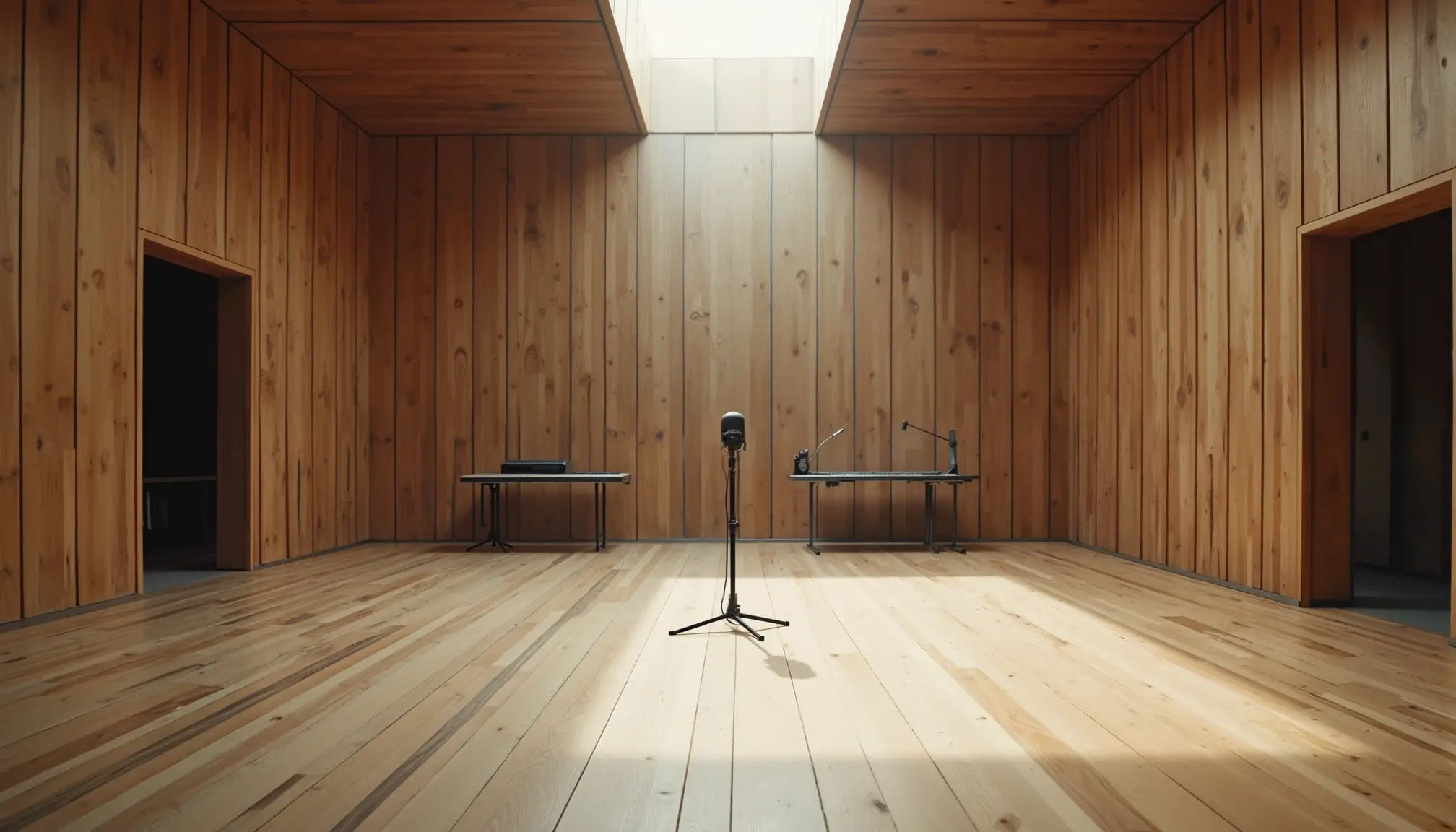 Studio professionnel épuré avec un seul micro au centre et des panneaux acoustiques en bois recyclé.