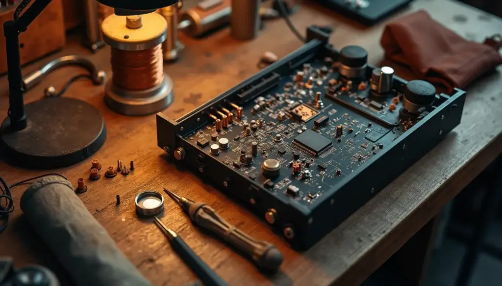 Plan rapproché d’un préampli audio vintage ouvert sur un établi avec outils de réparation.