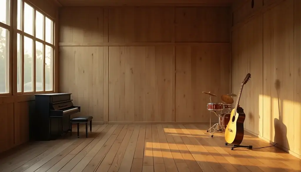 Salle de répétition claire et vide avec seulement un piano fermé, une guitare et une cymbale suspendue.