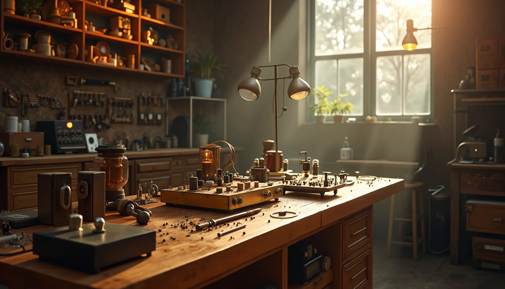 Grand atelier de réparation audio avec établi en bois, composants et instruments de mesure soigneusement disposés.