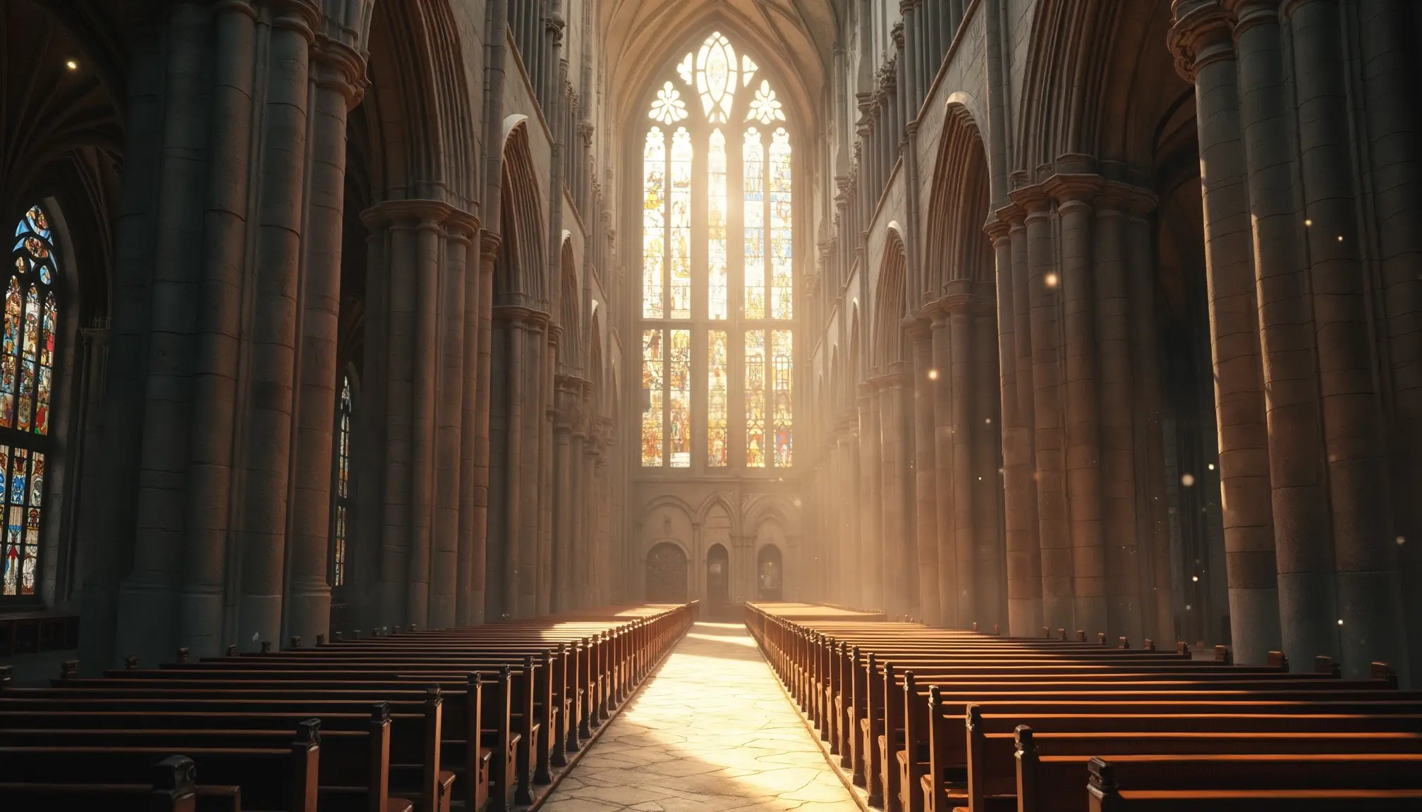 Intérieur monumental d’une cathédrale gothique avec voûtes en pierre et lumière colorée des vitraux.