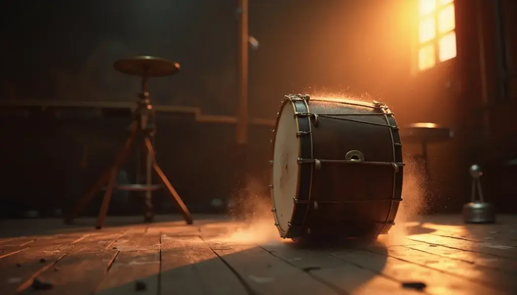 Grosse caisse en bois dans une salle sombre, poussière suspendue et lumière chaude rasante.
