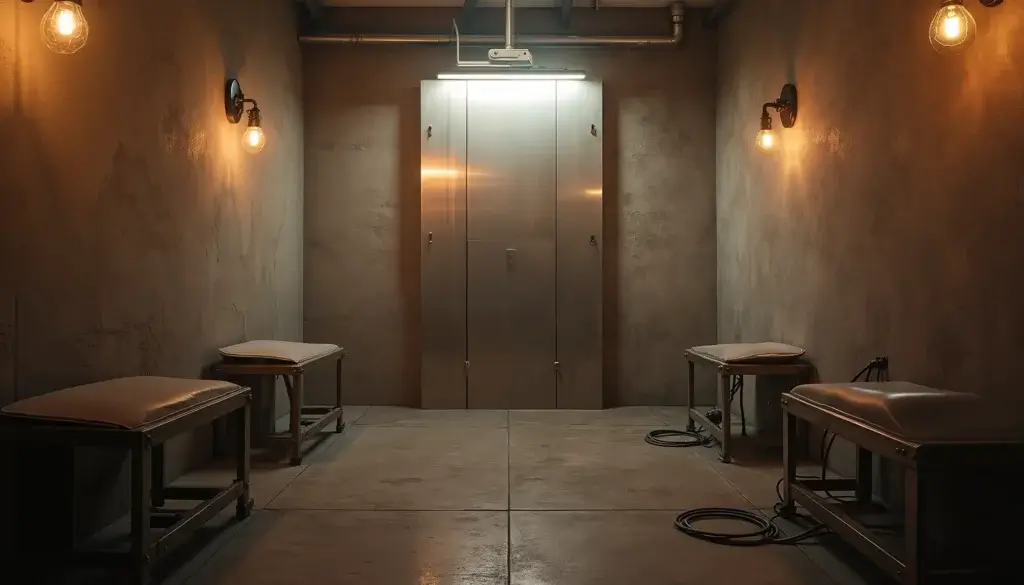 Chambre d’écho de studio avec une grande plaque métallique verticale éclairée par des lampes industrielles.