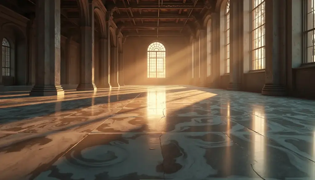 Hall abandonné baigné de lumière dorée, sol en marbre fissuré et poussière flottant dans l’air.
