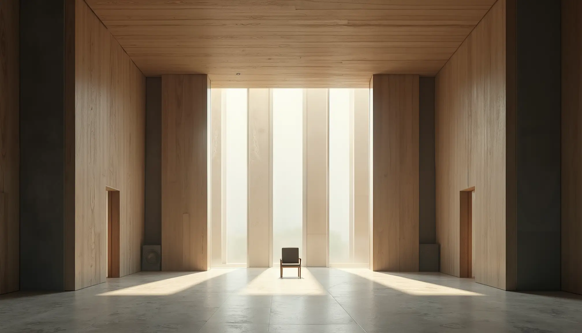 Grand studio épuré avec panneaux acoustiques symétriques et lumière douce filtrée.