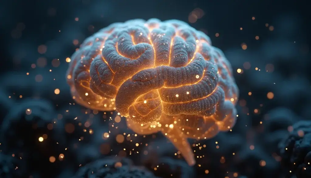 Réseau de filaments lumineux entrelacés, symbolisant l’activité cérébrale liée à l’écoute.