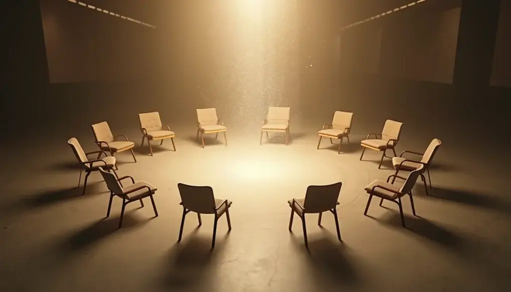 Salle circulaire éclairée par le haut, chaises disposées autour d’un nuage lumineux central.